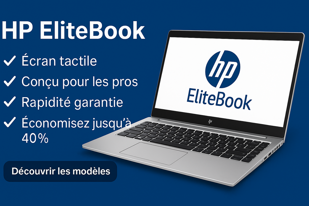 Bannière présentant un ordinateur portable HP EliteBook avec ses avantages : écran tactile, rapidité, conception professionnelle et économies jusqu’à 40 %.